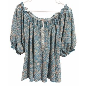 Free People Astra Peasant Top Blue Daisy Floral Print Women's Size Medium